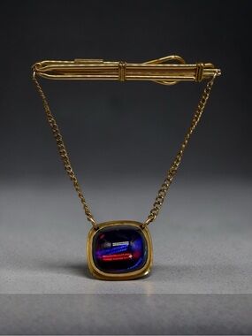 Mid Century Modern Blue Red Cabochon Pendant Chain Slide Tie Bar Clip Gold Tone
